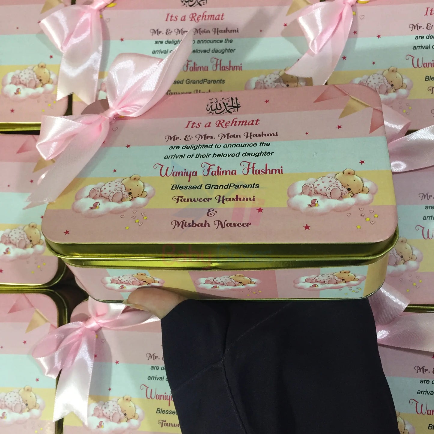 Half Kg Baby Girl Announcement Tin Boxes With Bow