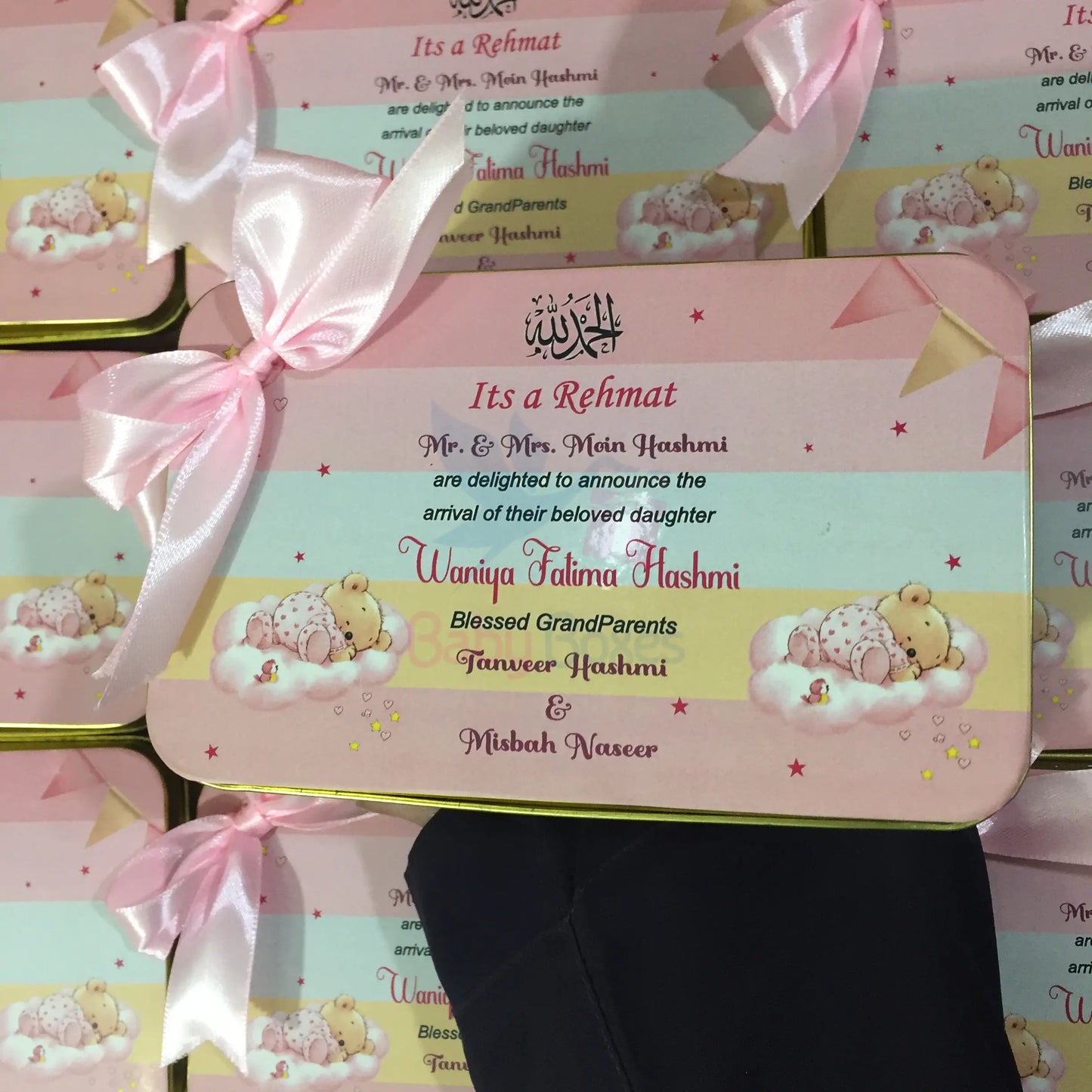 Half Kg Baby Girl Announcement Tin Boxes With Bow