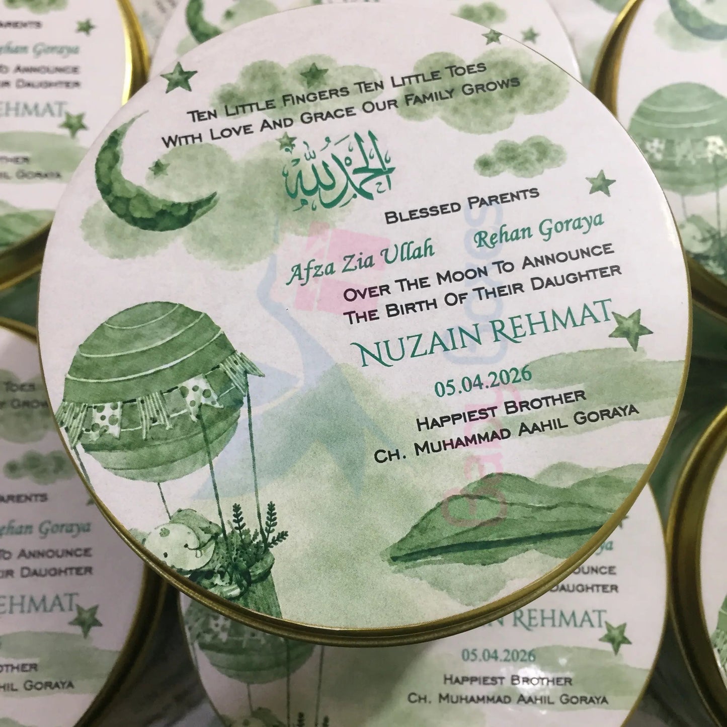 Kg Green Theme Baby Announcement Tin Box