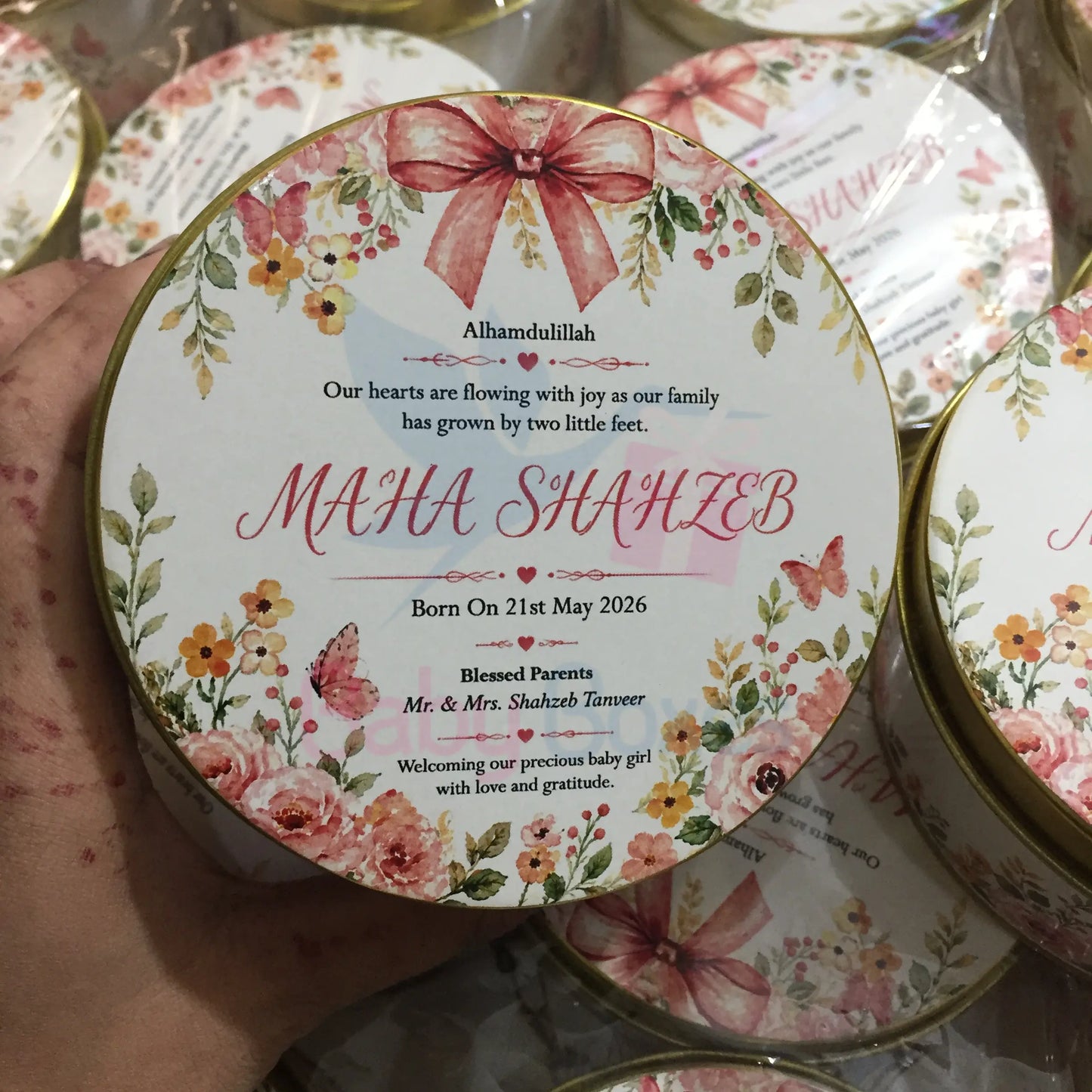 250gm Elegant Baby Girl Birth Announcement Tin Box