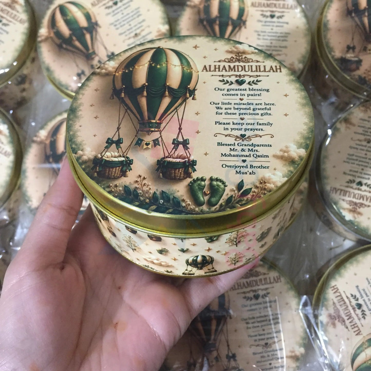 250gm Alhamdulillah Baby Arrival Round Tin Box